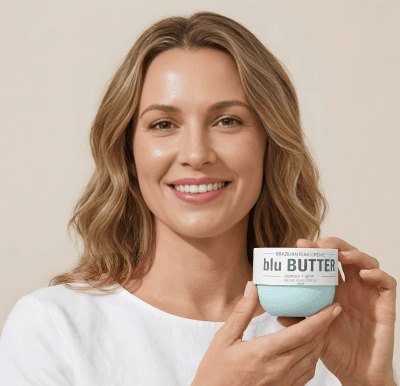Woman holding blue butter jar