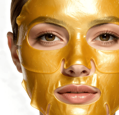 Woman wearing gold sheet mask